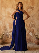 Chiffon A Line One Shoulder Long Prom Dresses with Lace Appliques