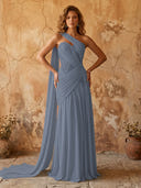 Chiffon A Line One Shoulder Long Prom Dresses with Lace Appliques
