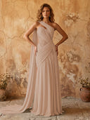 Chiffon A Line One Shoulder Long Prom Dresses with Lace Appliques