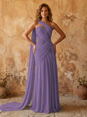 Chiffon A Line One Shoulder Long Prom Dresses with Lace Appliques