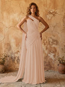 Chiffon A Line One Shoulder Long Prom Dresses with Lace Appliques