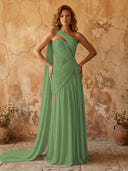 Chiffon A Line One Shoulder Long Prom Dresses with Lace Appliques