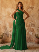 Chiffon A Line One Shoulder Long Prom Dresses with Lace Appliques