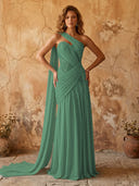 Chiffon A Line One Shoulder Long Prom Dresses with Lace Appliques