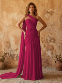Chiffon A Line One Shoulder Long Prom Dresses with Lace Appliques