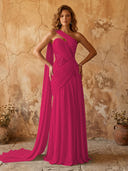 Chiffon A Line One Shoulder Long Prom Dresses with Lace Appliques