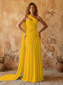 Chiffon A Line One Shoulder Long Prom Dresses with Lace Appliques