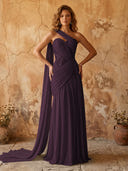 Chiffon A Line One Shoulder Long Prom Dresses with Lace Appliques