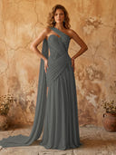 Chiffon A Line One Shoulder Long Prom Dresses with Lace Appliques