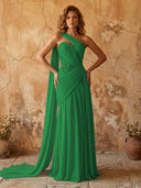 Chiffon A Line One Shoulder Long Prom Dresses with Lace Appliques