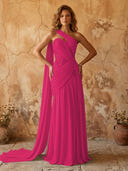 Chiffon A Line One Shoulder Long Prom Dresses with Lace Appliques