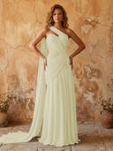 Chiffon A Line One Shoulder Long Prom Dresses with Lace Appliques