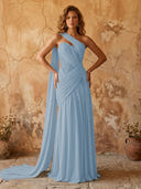 Chiffon A Line One Shoulder Long Prom Dresses with Lace Appliques