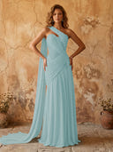 Chiffon A Line One Shoulder Long Prom Dresses with Lace Appliques