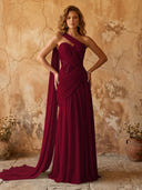 Chiffon A Line One Shoulder Long Prom Dresses with Lace Appliques