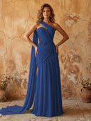 Chiffon A Line One Shoulder Long Prom Dresses with Lace Appliques