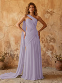 Chiffon A Line One Shoulder Long Prom Dresses with Lace Appliques