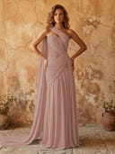 Chiffon A Line One Shoulder Long Prom Dresses with Lace Appliques