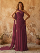 Chiffon A Line One Shoulder Long Prom Dresses with Lace Appliques