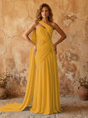Chiffon A Line One Shoulder Long Prom Dresses with Lace Appliques