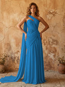 Chiffon A Line One Shoulder Long Prom Dresses with Lace Appliques