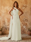 Chiffon A Line One Shoulder Long Prom Dresses with Lace Appliques