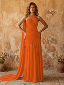 Chiffon A Line One Shoulder Long Prom Dresses with Lace Appliques
