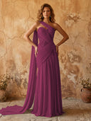 Chiffon A Line One Shoulder Long Prom Dresses with Lace Appliques