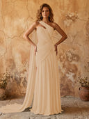 Chiffon A Line One Shoulder Long Prom Dresses with Lace Appliques