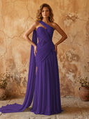 Chiffon A Line One Shoulder Long Prom Dresses with Lace Appliques