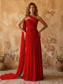 Chiffon A Line One Shoulder Long Prom Dresses with Lace Appliques