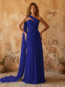 Chiffon A Line One Shoulder Long Prom Dresses with Lace Appliques