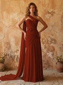 Chiffon A Line One Shoulder Long Prom Dresses with Lace Appliques