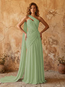 Chiffon A Line One Shoulder Long Prom Dresses with Lace Appliques