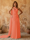 Chiffon A Line One Shoulder Long Prom Dresses with Lace Appliques