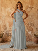 Chiffon A Line One Shoulder Long Prom Dresses with Lace Appliques