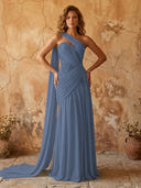 Chiffon A Line One Shoulder Long Prom Dresses with Lace Appliques