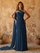 Chiffon A Line One Shoulder Long Prom Dresses with Lace Appliques