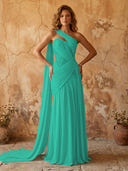 Chiffon A Line One Shoulder Long Prom Dresses with Lace Appliques