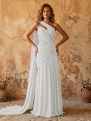 Chiffon A Line One Shoulder Long Prom Dresses with Lace Appliques