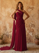 Chiffon A Line One Shoulder Long Prom Dresses with Lace Appliques