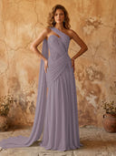 Chiffon A Line One Shoulder Long Prom Dresses with Lace Appliques