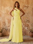 Chiffon A Line One Shoulder Long Prom Dresses with Lace Appliques