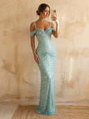 Sequin Mermaid Off Shoulder Long Prom Dresses with Ruched