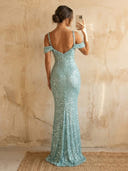 Sequin Mermaid Off Shoulder Long Prom Dresses with Ruched