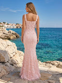 Tulle Mermaid Square Neck Spaghetti Straps Long Prom Dresses with 3D Flower