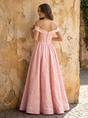 Jacquard A Line Off Shoulder Long Prom Dresses with Slit