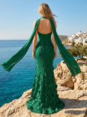 Chiffon Mermaid Strapless Sleeveless Long Prom Dresses with Scarf