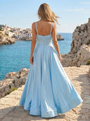 Satin A Line V Neck Spaghetti Straps Long Prom Dresses with Slit