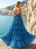 Chiffon A Line Sweetheart Spaghetti Straps Long Prom Dresses with Tiered